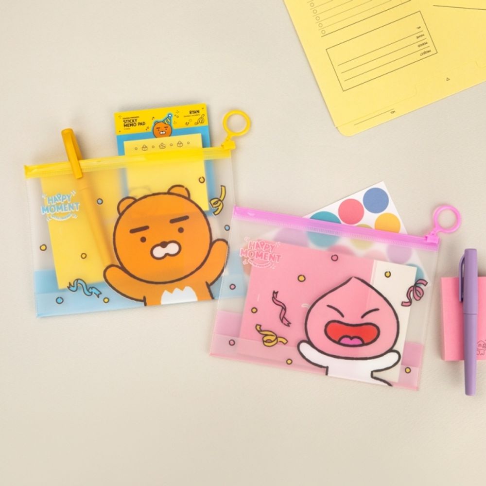 Kakao Friends Happy Moment PVC Pouch | Wide Storage Multi Pouch | Water/Stain Resistant | Made in Korea (Ryan, Apeach)